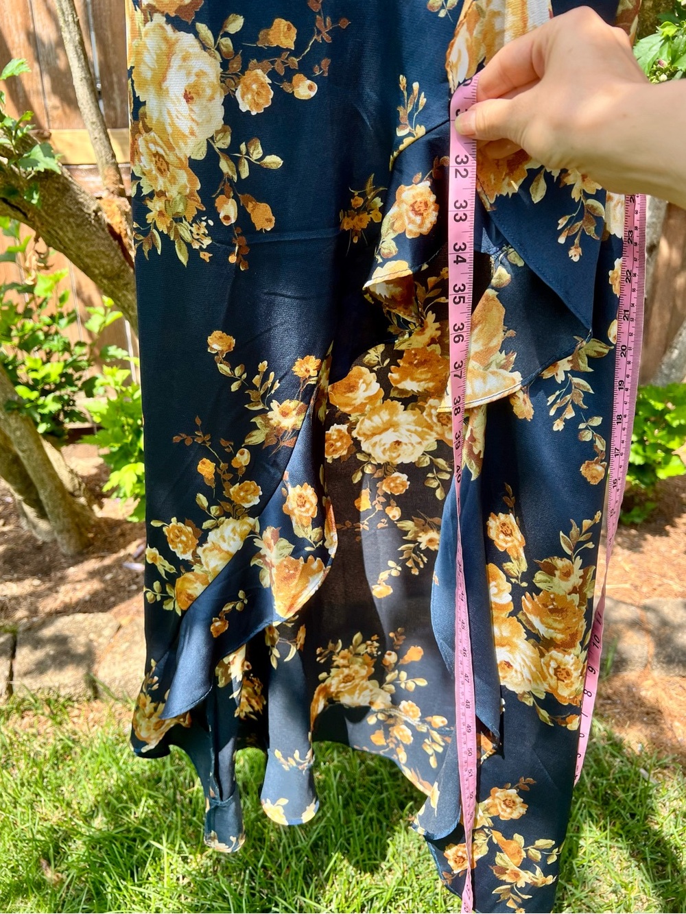 Vici Dolls Floral Satin Ruffle Halter Maxi Dress Navy Blue Flowing S Faux Wrap - Picture 15 of 16